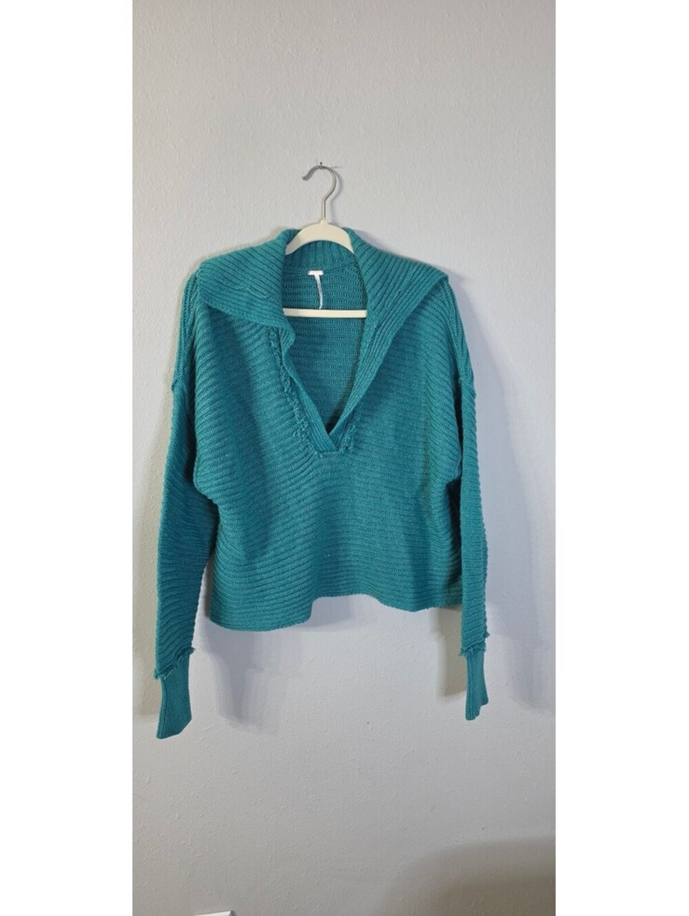 Free People Teal Blue Chunky Knit V Neck Sweater XS Cotton Blend